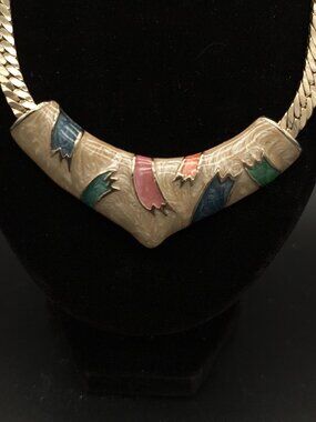Vintage 1980s Poured Enamel Geometric Statement Necklace and Clip Earring Set
